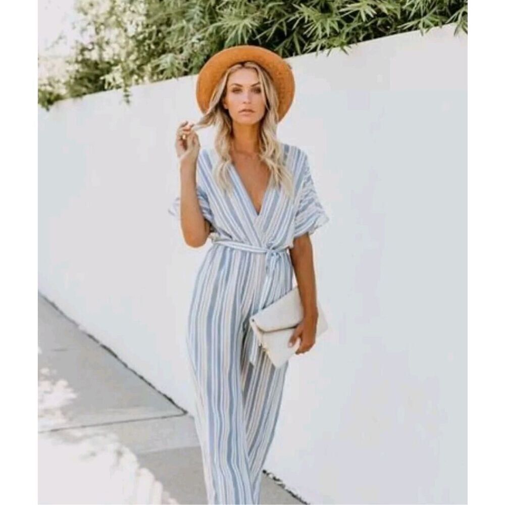 Crystal Sky Jumpsuits Rompers Striped Tie Pockets Cotton Blend Gray White Size S